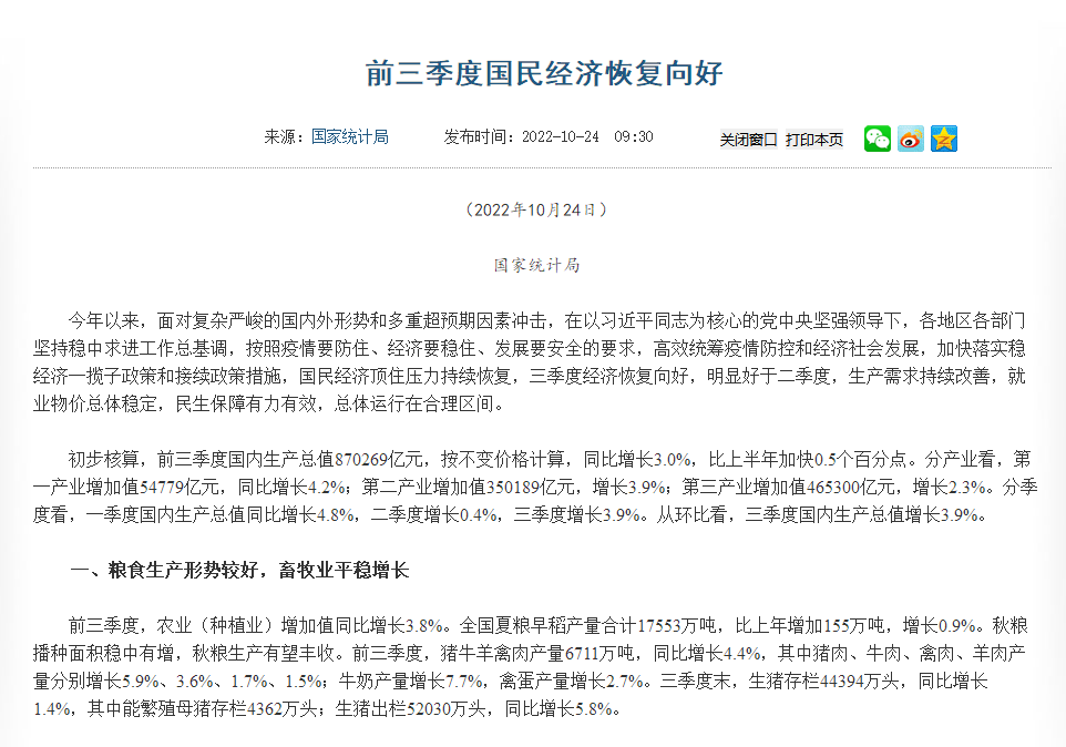 前三季度經(jīng)濟(jì)數(shù)據(jù)公布！糧食生產(chǎn)形勢較好，畜牧業(yè)平穩(wěn)增長